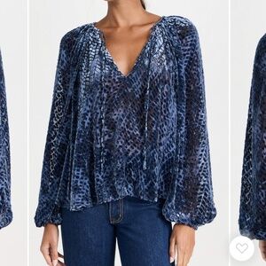 NWT Ulla Johnson Blue Velvet Burnout V-Neck Billowy Sleeve Blouse Size 6